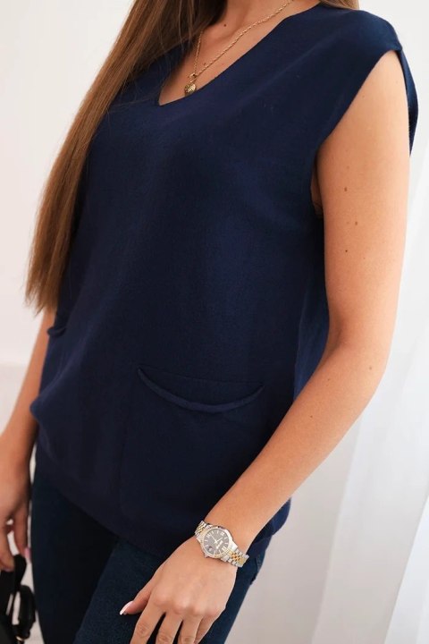 Sweter damski wiskozowy bez rękawów z kieszeniami i dekoltem V granatowy