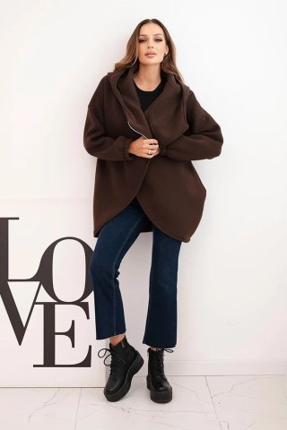 Bluza damska ocieplana z kapturem i asymetrycznym zamkiem brązowa