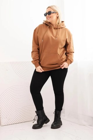 Bluza damska pętelkowa Plus Size bawełniana z kapturem i kieszenią kangurką camelowa