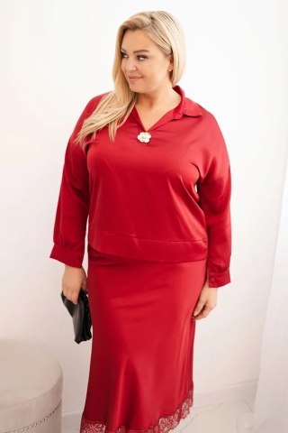 Komplet damska Plus Size z satynowym połyskiem i koronką bordowy
