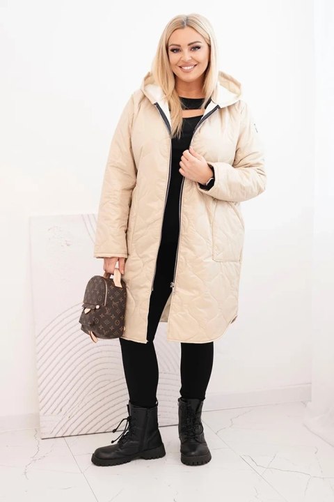 Kurtka damska Plus Size zimowa pikowana z kapturem beżowa