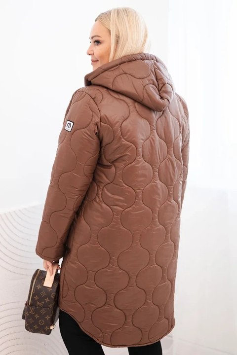 Kurtka damska Plus Size zimowa pikowana z kapturem czekoladowa
