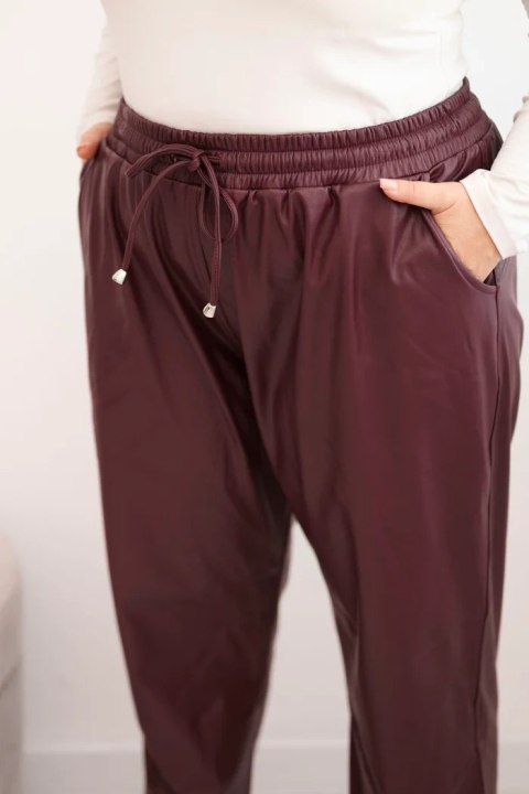 Spodnie damskie Plus Size ocieplane z ekoskóry z wysokim stanem bordowe