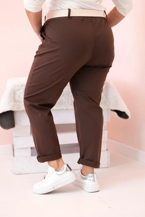 Spodnie damskie Punto Milano Winter Plus Size z paskiem brązowe
