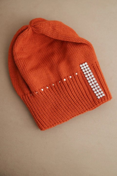 Czapka damska zimowa wełniana z cyrkoniami K453 pomarańczowa