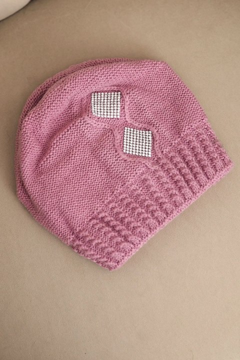 Czapka damska zimowa wełniana z cyrkoniami i wzorem K455 jasno fioletowa