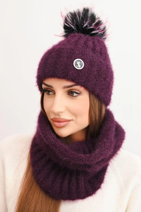 Komplet damski zimowy z pomponem i komin śliwkowy