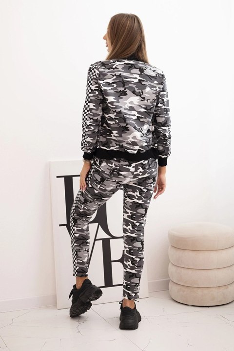 Komplet dresowy damski moro z bawełny z zamkiem i ściągaczami szary