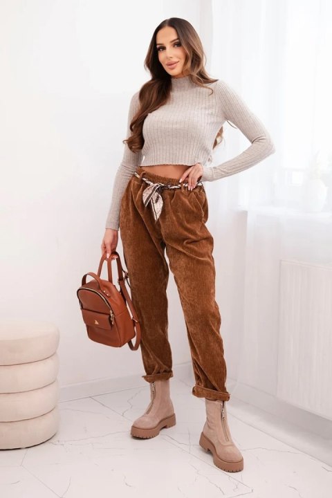 Spodnie damskie z wiskozy z apaszkowym paskiem camelowe