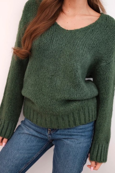 Sweter damski z domieszką wełny z dekoltem V khaki