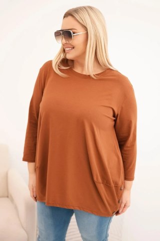 Bluzka damska Plus Size z bawełny z ozdobnymi guzikami i podwijanymi rękawami camelowa