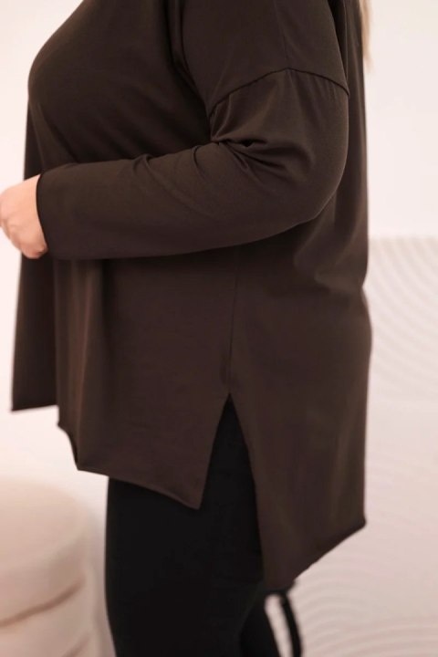 Bluzka damska bawełniana Plus Size asymetryczna z długim rękawem brązowa