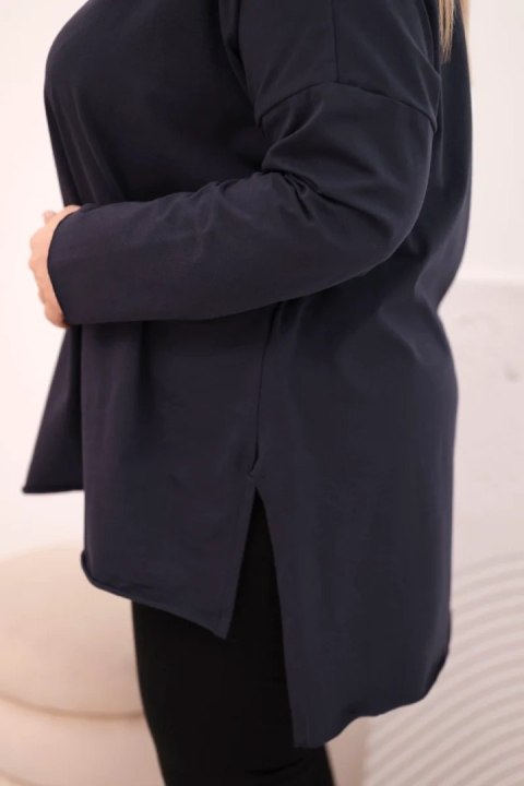 Bluzka damska bawełniana Plus Size asymetryczna z długim rękawem granatowa