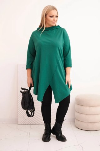 Bluzka damska bawełniana Plus Size asymetryczna z podwijanym rękawem ciemno zielona