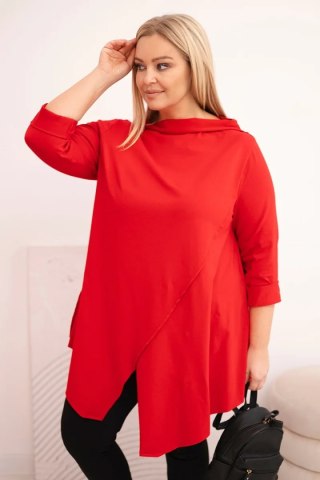 Bluzka damska bawełniana Plus Size asymetryczna z podwijanym rękawem czerwona