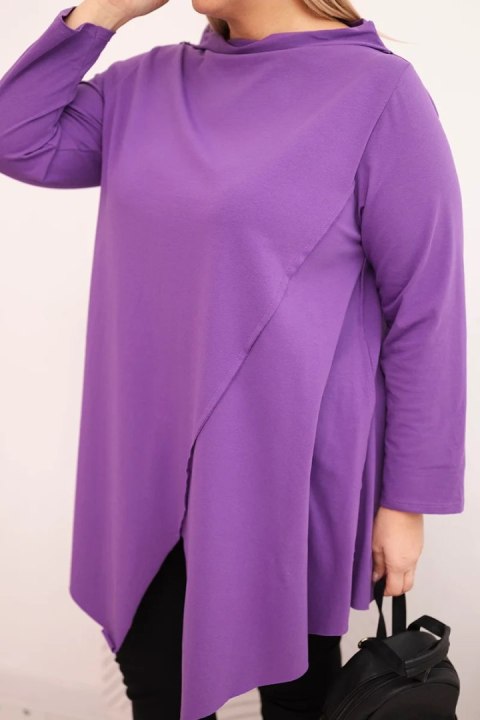 Bluzka damska bawełniana Plus Size asymetryczna z podwijanym rękawem fioletowa