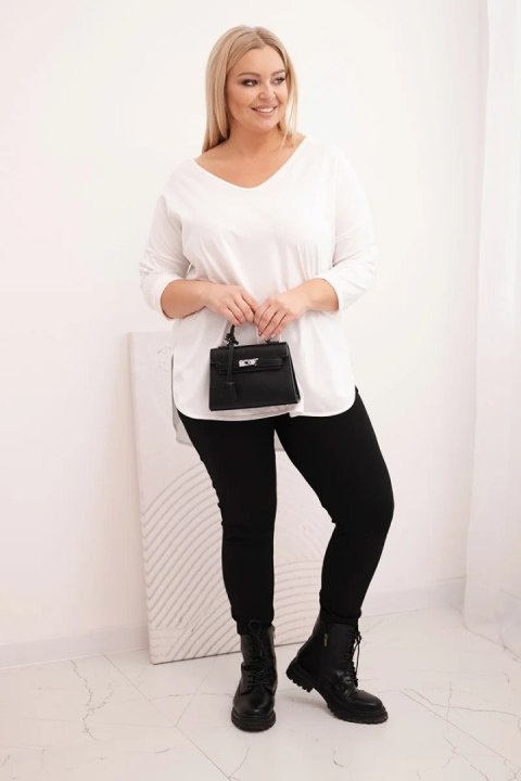 Bluzka damska bawełniana Plus Size z dekoltem V i podwijanym rękawem biała