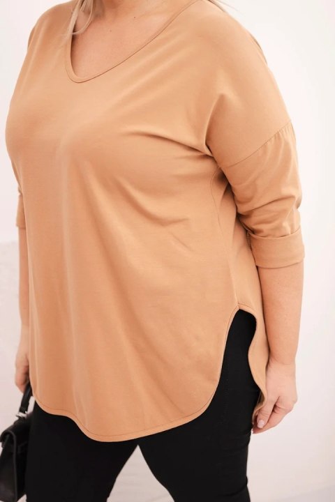 Bluzka damska bawełniana Plus Size z dekoltem V i podwijanym rękawem camelowa