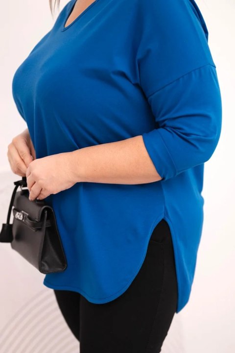 Bluzka damska bawełniana Plus Size z dekoltem V i podwijanym rękawem chabrowa