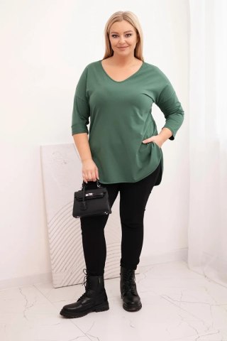 Bluzka damska bawełniana Plus Size z dekoltem V i podwijanym rękawem ciemne khaki