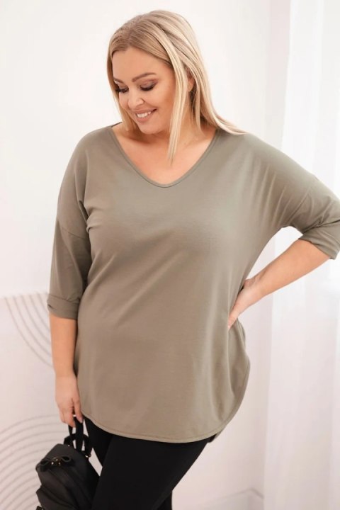 Bluzka damska bawełniana Plus Size z dekoltem V i podwijanym rękawem khaki