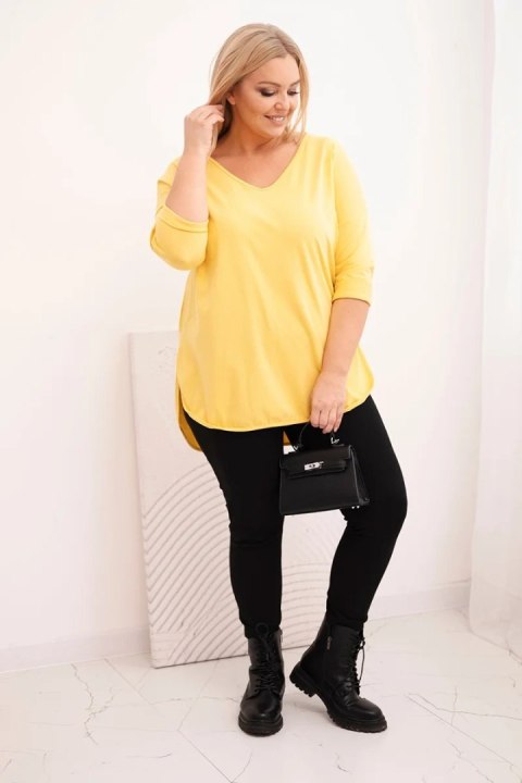 Bluzka damska bawełniana Plus Size z dekoltem V i podwijanym rękawem żółta