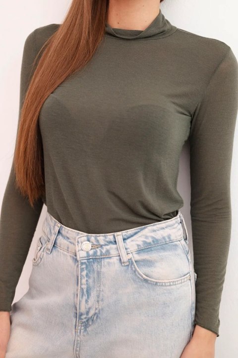 Bluzka damska z kaszmiru z delikatnym golfem i długim rękawem khaki