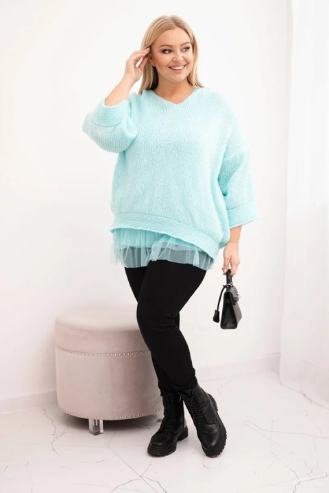 Komplet damski sweter z dekoltem V i bluzka wiskozowa z koronkowym dołem miętowy