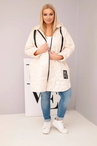 Kurtka damska Plus Size pikowana z kapturem i napisem HOPE jasno beżowa