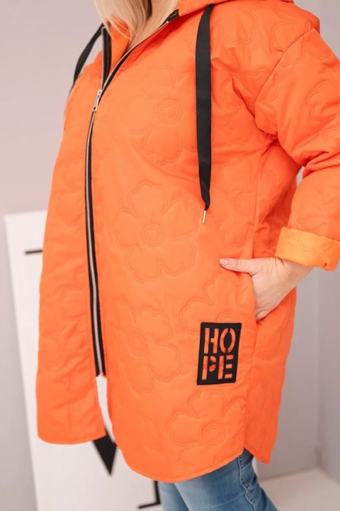 Kurtka damska Plus Size pikowana z kapturem i napisem HOPE pomarańczowa