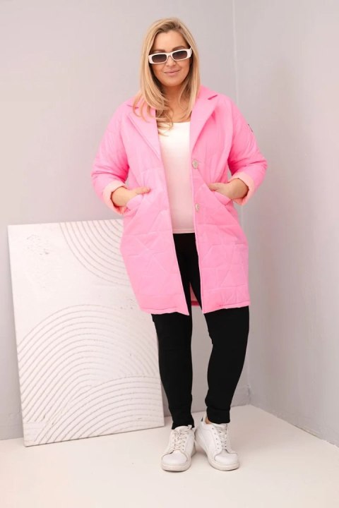 Kurtka damska Plus Size pikowana z ozdobnymi guzikami i kołnierzem jasno różowa