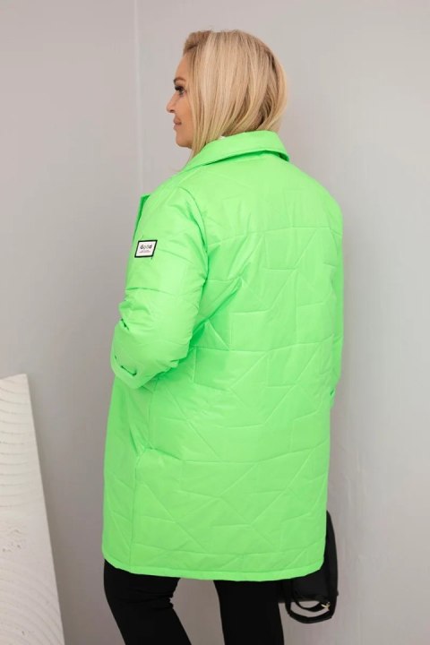 Kurtka damska Plus Size pikowana z ozdobnymi guzikami i kołnierzem zielony neon