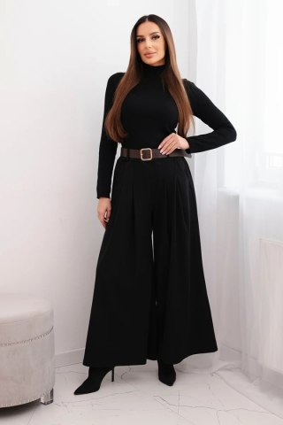 Spodnie damskie z szeroką nogawką i paskiem czarne