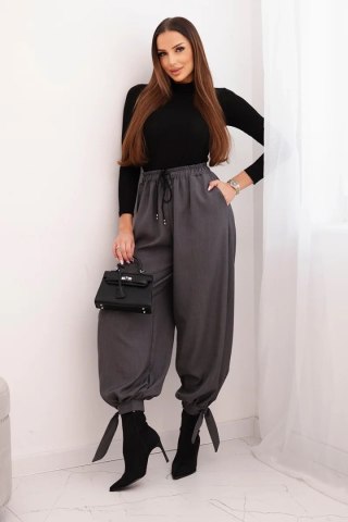 Spodnie damskie z szeroką nogawką i wiązaniem u dołu grafitowe