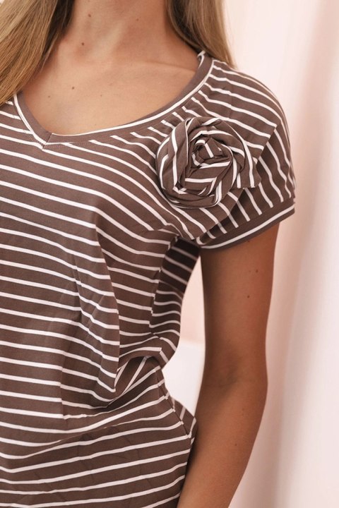 Bluzka damska bawełniana w paski z dekoltem V brązowa