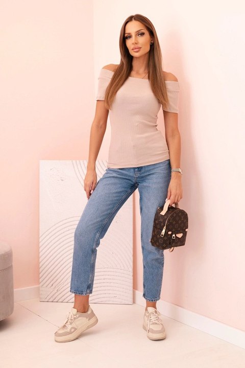 Bluzka damska prążkowana hiszpanka z krótkim rękawem beżowa