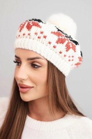 Czapka damska zimowa wełniana z motywem śnieżynek i pomponem K457 ecru