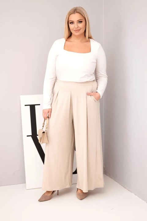 Spodnie damskie bawełniane Plus Size o szerokiej nogawce i luźnym kroju beżowe