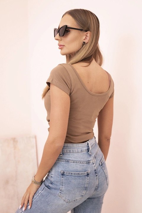 Bluzka damska bawełniana klasyczna z krótkim rękawem camelowa