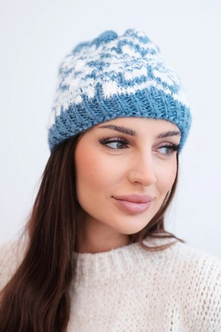 Czapka damska wełniana zimowa z norweskim wzorem K354 jeansowy+biały