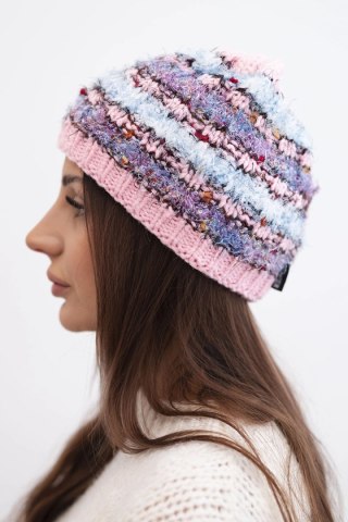 Czapka damska zimowa z kolorową przędzą i elastycznym ściągaczem K352 jasny różowy+fioletowy+niebieski