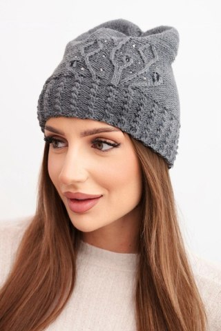 Czapka damska zimowa z wełną zdobiona cekinami i splotem K473 grafitowa