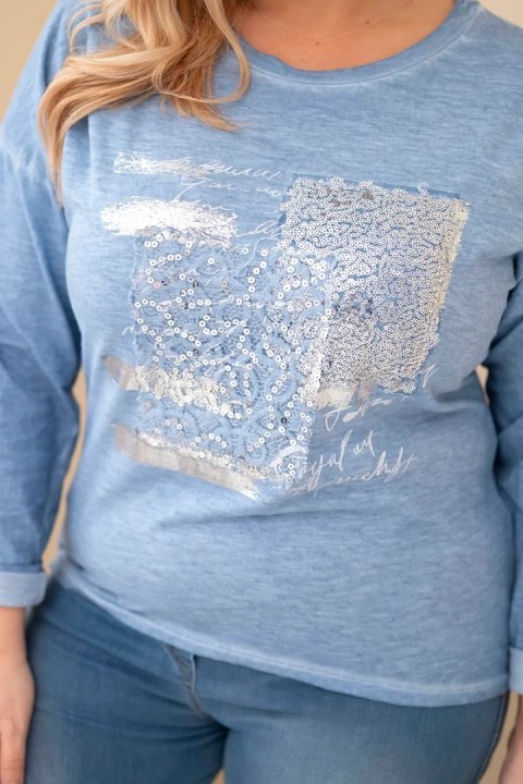 Bluzka damska Plus Size przecierana z nadrukiem i dłuższym tyłem jeansowa