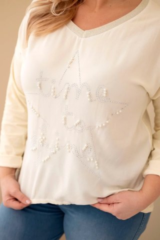 Bluzka damska Plus Size przecierana z napisem i perełkami żółty