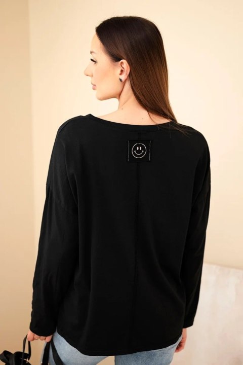 Bluzka damska bawełniana z dekoltem V z długim rękawem czarna