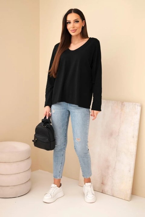 Bluzka damska bawełniana z dekoltem V z długim rękawem czarna