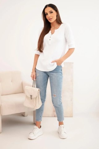 Bluzka damska bawełniana z długim rękawem i guzikami przy dekolcie biała