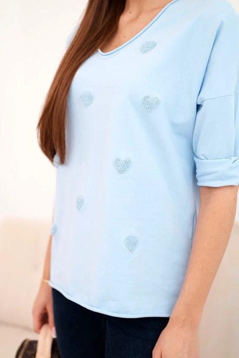 Bluzka damska bawełniana z długim rękawem i serduszkami niebieska