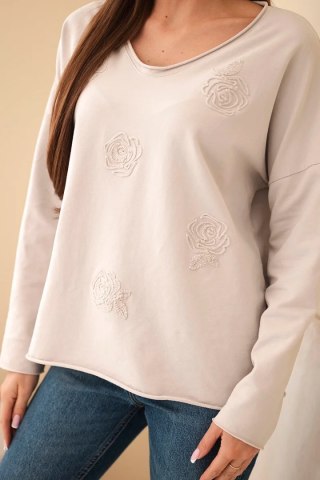 Bluzka damska bawełniana z haftowanymi kwiatami i dekoltem V beżowa