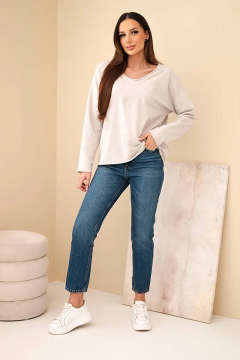 Bluzka damska bawełniana z haftowanymi kwiatami i dekoltem V beżowa